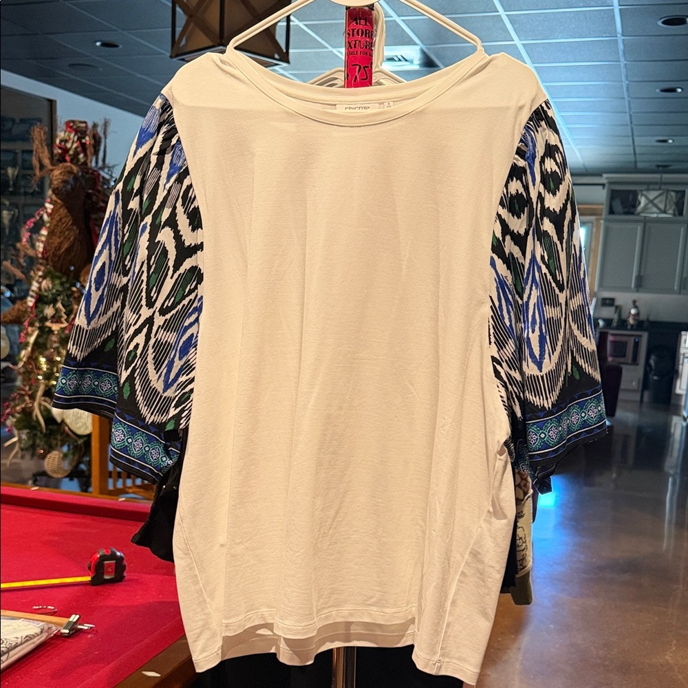 Chico's White Top with Blue and Black Patterned Sleeves